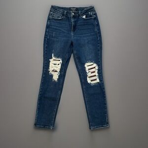 Judy Blue Jeans Boyfriend Fit Mid Rise Fit Sz 9/29‎ Dark Wash Distressed Ripped